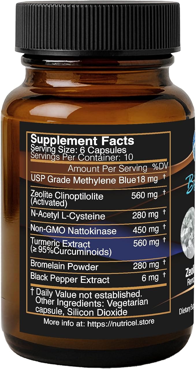 Nutricel Supplements Blue Remove - USP Grade Methylene Blue 60 Capsules with Micronized Zeolite Nattokinase (Non-GMO) Turmeric Bromelain and NAC - Trusted Made in America