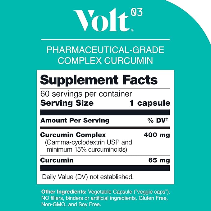 Volt03 Organic Turmeric Curcumin Capsules 400mg Complex Curcurmin - Pharmaceutical-Grade Curcumin Supplement for Joint Health Immune Support &amp Healthy Inflammation Response 60-day (2 month) su
