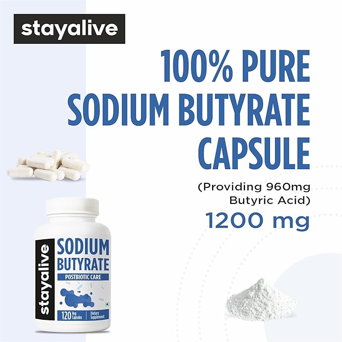 STAY ALIVE Sodium Butyrate Supplement 1200mg Pure Butyric Acid Postbiotic 120 Count 2 Month Supply Non-GMO and Gluten-Free Butyrate Powder Capsules