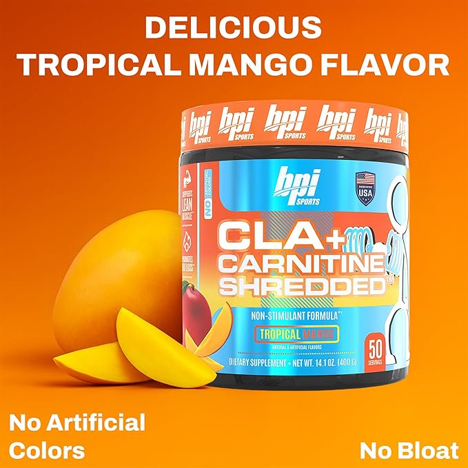 BPI Sports CLA + Carnitine Shredded - Convert Fat Cells Into Energy and Supports Lean Muscle Boost Metabolism - Non-Stimulant L-Carnitine Supplement - Tropical Mango (14.1 oz. / 50 Servings)