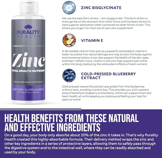 Liposomal Zinc Purality Health15mg of Zinc per Serving Liquid Zinc Blueberry Flavor Vegan Gluten-Free 15 Day Supply