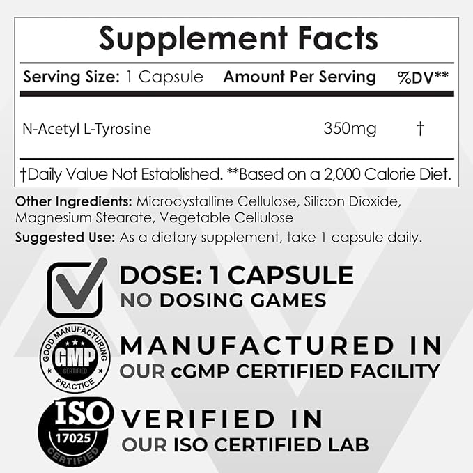 Nootropics Depot N-Acetyl L-Tyrosine Capsules | 350mg | 120 Count | NALT | Amino Acid Supplement | Natural Supplement | Supports Memory Learning Focus Healthy Stress Levels