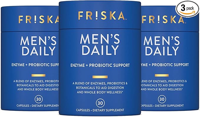 Friska Men’s Daily Gut Support - Digestive Enzymes Probiotics to Help Break Down Foods Supports Energy &amp Nutrient Absorption with Vitamins B6 &amp B12 90 Capsules