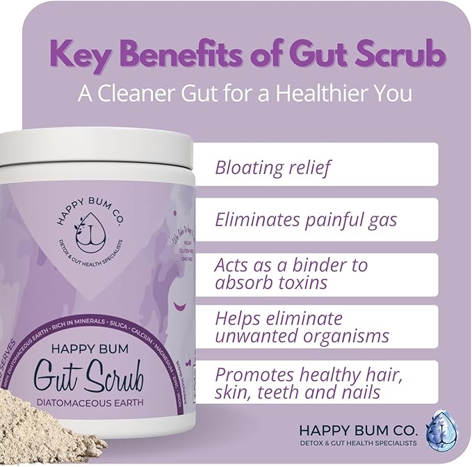 Happy Bum Gut Scrub - Diatomaceous Earth Food Grade for Humans | Mineral Powder Supports Gut Health Bloating Relief | Rich in Silica Zinc &amp Minerals for Healthy Hair Skin Nail - 150g