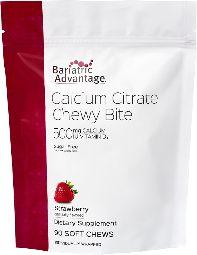Bariatric Advantage Calcium Citrate Chewy Bites 500 mg - Highly Absorbable &amp Digestible - Vitamin D3 - Easily Chewable Calcium Supplement - Strawberry Flavor - 90 Count