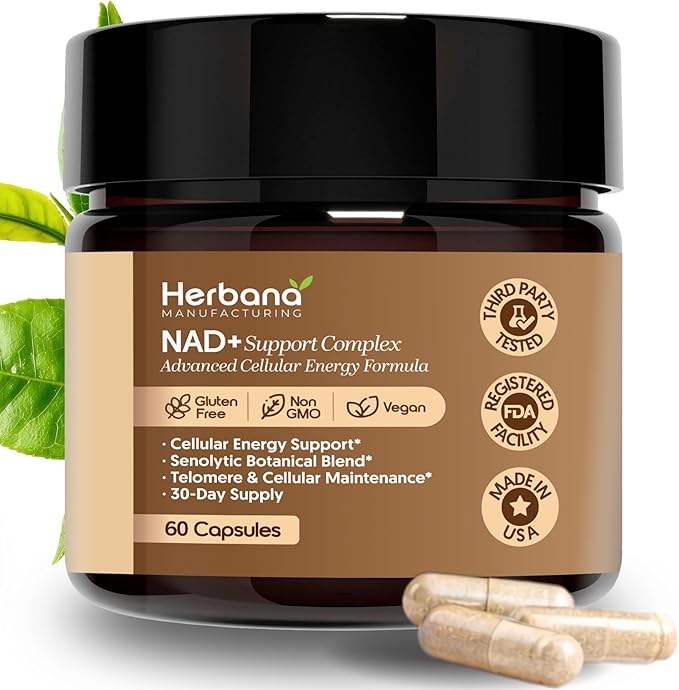 Herbana NAD+ Support Complex Advanced Cellular Energy Formula with Nicotinamide Riboside Trans-Resveratrol Quercetin 60 Capsules 30-Day Supply