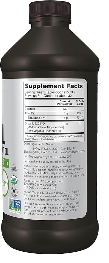 NOW Sports Nutrition Organic MCT (Medium-chain triglycerides) Oil (in Plastic) 16-Ounce