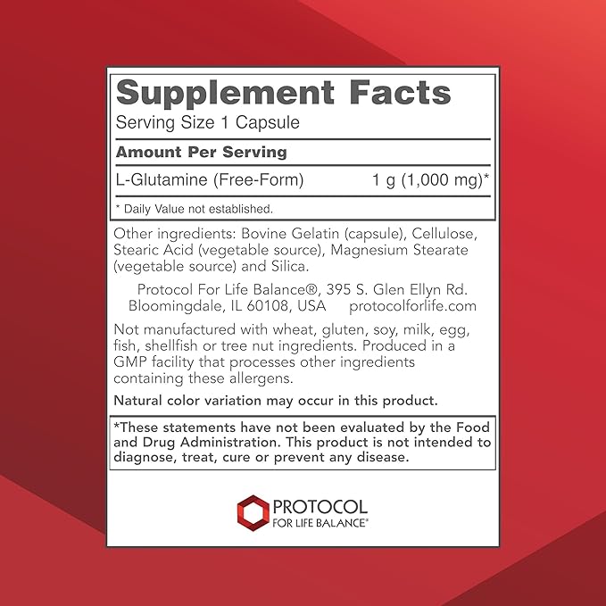 PROTOCOL FOR LIFE BALANCE L-Glutamine 1000mg - Amino Acid - Muscle Tissue Gut Health Immune Health - 120 Veg Caps