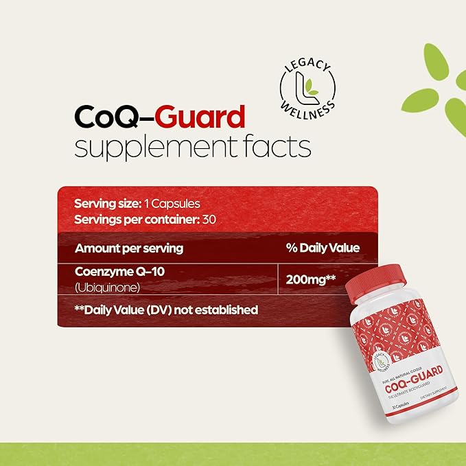 Legacy Wellness CoQ-GUARD CoQ10 200mg - Natural High Potency CoQ10 Supplement for Energy Heart Antioxidant &amp Cellular Support - High Potency Co Q 10 Ubiquinone for Overall Wellness - Non-GMO 30