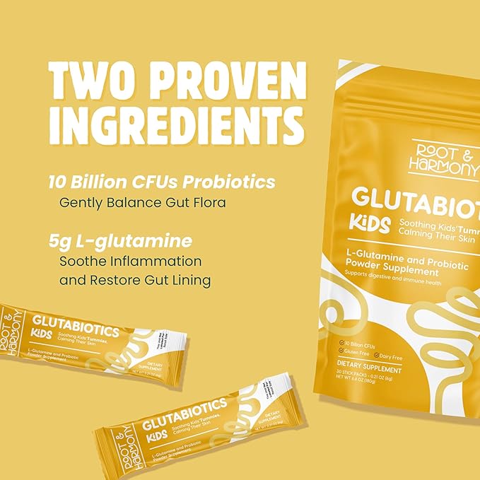 Root &amp Harmony Glutabiotics Kids Probiotic &amp L-Glutamine Powder Daily Children's Gut Health Skin &amp Immune Support Supplement Unflavored Dairy Free Gluten Free 10 Billion CFU Powder