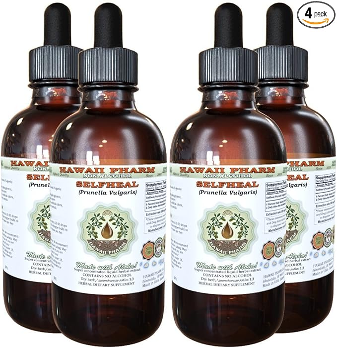 Hawaii Pharm Selfheal Alcohol-Free Liquid Extract Professional Grade Small Batch Crafted Selfheal (Prunella Vulgaris) Dried Herb Glycerite Natural Herbal Supplement 4x4 fl.oz