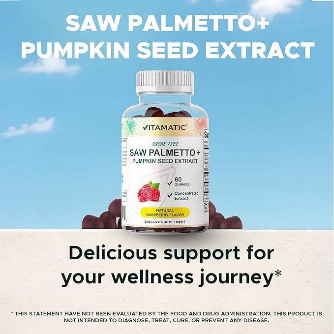 Vitamatic Pumpkin Seed &amp Saw Palmetto Gummies – Sugar-Free Botanical Extract – Natural Raspberry Flavor – Vegan Non-GMO Plant-Based Gummies – 60 Count - 2 Pack (120 Count)