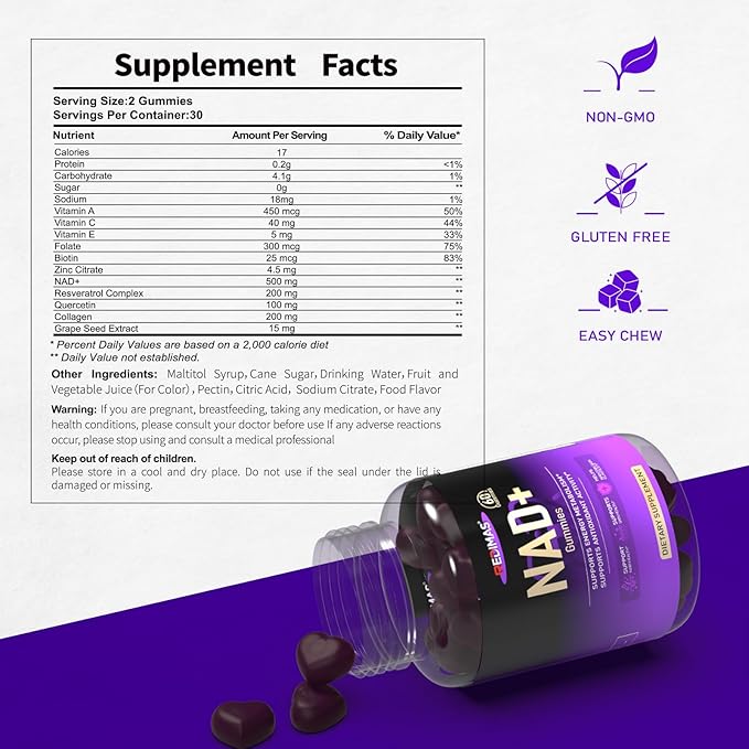 NAD Gummies with Resveratrol Multivitamin Blend Quercetin Collagen and Zinc Chewable NAD Gummy for Women Natural Grape Flavor Convenient Daily Chew 60 Count