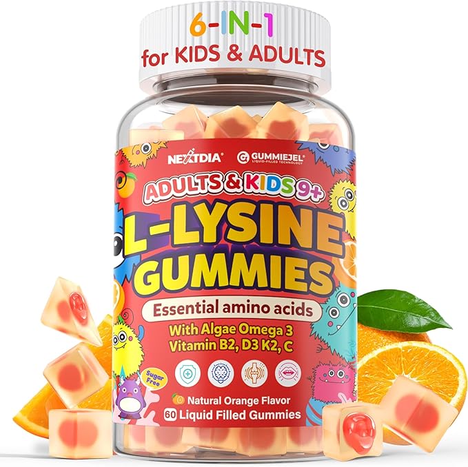 L-Lysine Gummies 500/1000mg with Algae Omega 3 Vitamin B2 D3 K2 C for Kids 9+ Teen &amp Adult Lysine Supplement Support Immune Lip &amp Oral Collagen Production Brain Bone Health Sugar Fr