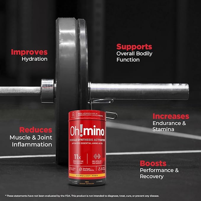 Oh!mino Essential Amino Acids Supplement Stimulant-Free Capsules All 9 EAAs BCAAs The Perfect Amino for Workouts Amino Energy and to Build Muscle and Recover Faster