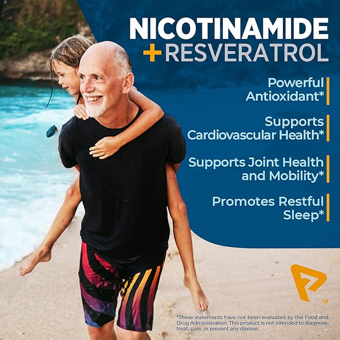 Nicotinamide 500 mg with Resveratrol 100 mg 120 Veggie Capsules - Non-GMO Vitamin B3 Supports Metabolic Health NAD+ Skin Cell &amp Mitochondrial Energy Production. Made in USA for Men and Women