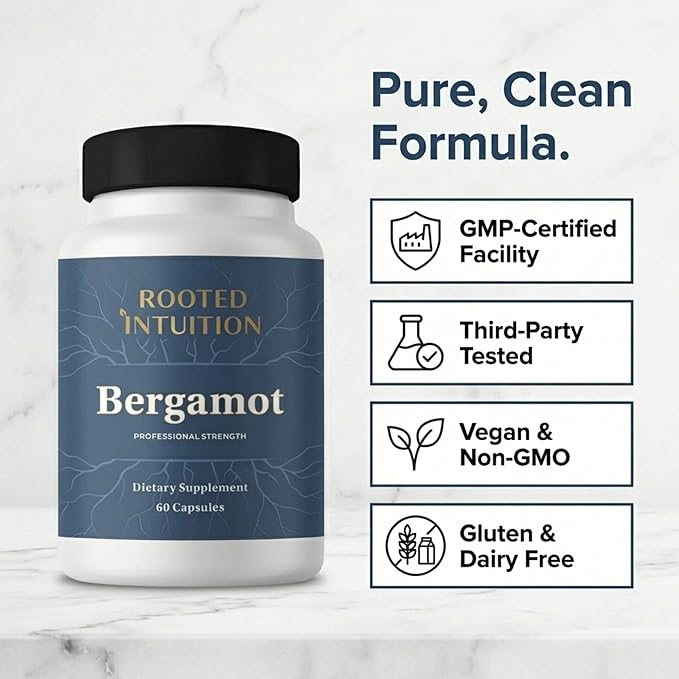 Rooted Citrus Bergamot Supplement - Extract Capsules for Cholesterol TC Cardiovascular LDL HDL TRI &amp Heart Health Support - Polyphenol Citrus Bergamonte for Circulation &amp CoQ10 Energy - 1000m