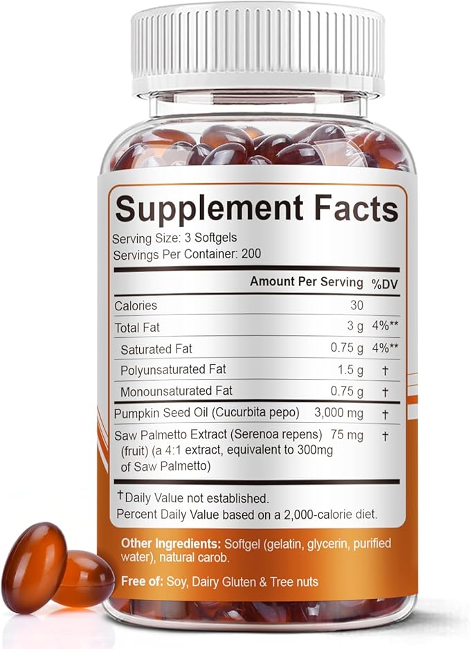 Pumpkin Seed Oil with Saw Palmetto Capsules 3000mg/serving 300/600 Softgels | Cold Pressed Pure Virgin Oil Essential Fatty Acids &amp Phytosterols | Supports Hair Urinary Bladder &amp Prostate