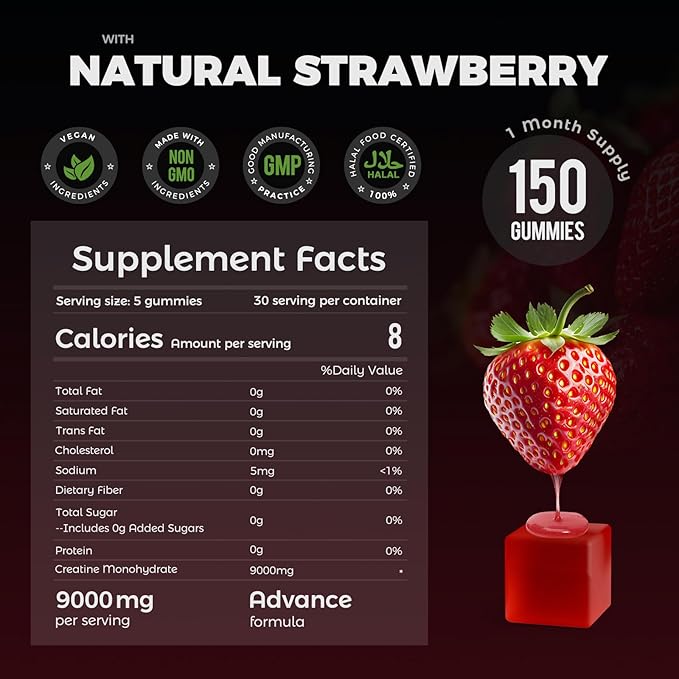 Creatine Monohydrate Gummies 9000mg Sugar-Free Strawberry Flavor – Daily Creatine Supplement for Men &amp Women 150 Count