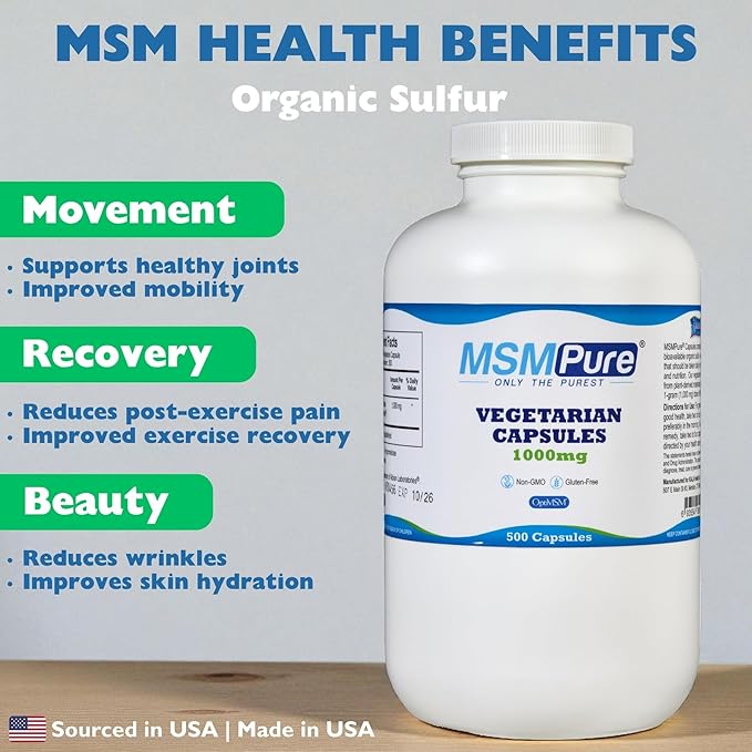 KALA HEALTH MSMPure MSM Vegetarian Capsules – 1000 mg US-Made MSM per Capsule for Joint Health Skin Appearance Hair &amp Nail Support – 500 Count Organic Sulfur