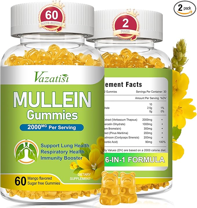 Mullein Gummies Mullein Leaf Extract with Bromelain Quercetin Pine Bark Support Lung Cleanse for Healthy Breathing 120ct