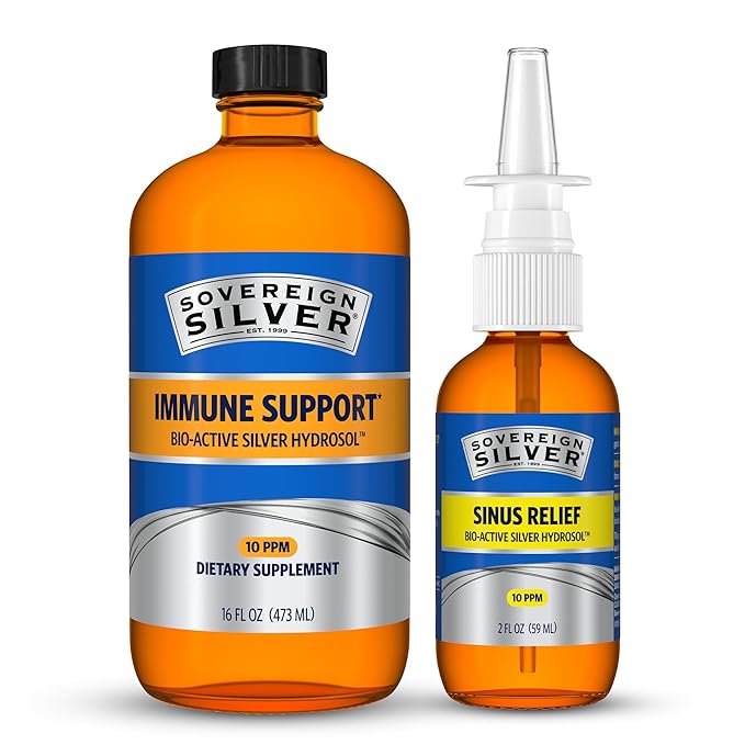 Sovereign Silver Immune Support + Natural Nasal Spray Bundle Colloidal Silver Bio-Active Hydrosol 10 PPM 16 Fl Oz Immune Support &amp 2 Fl Oz Sinus Care Combo Pack
