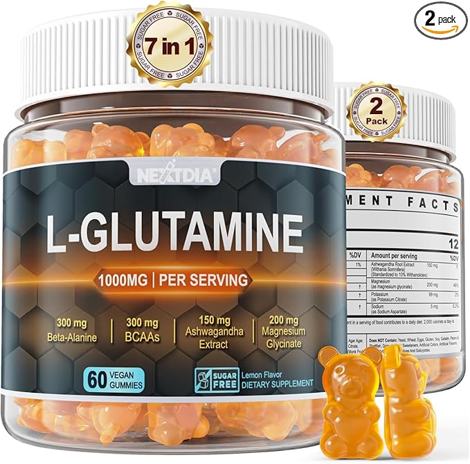 L-Glutamine 1000mg Gummies for Women &amp Men| with Beta-Alanine BCAAs Magnesium Glycinate Potassium &amp Ashwagandha | Vegan | Sugar-Free &amp Extra-Chewy | 120 Counts