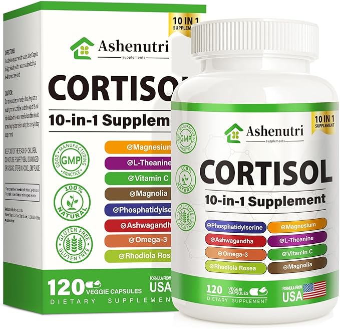 Ashenutri 10-in-1 Cortisol Supplement with MagnesiumAshwagandhaRhodiola RoseaL TheanineHormone Balance for Women 120 Vegan Capsules