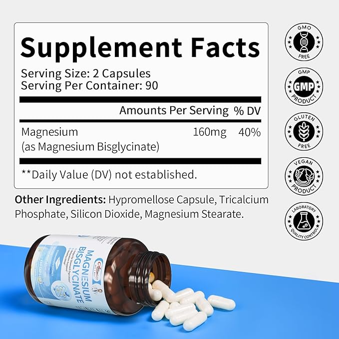 Magnesium Glycinate Capsules Magnesium Bisglycinate 100% Chelated Maximum Absorption Gentle on Stomach Small Easy to Swallow Supports Restful Sleep Muscle Bone Health