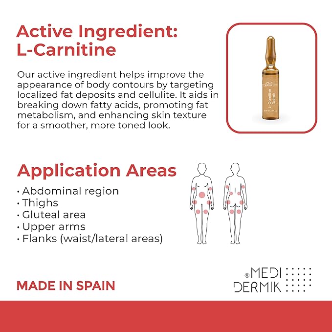 L-Carnitine Dermik 20 Ampoules x 5 ml (3.38 fl oz) targeted formula designed to support fat metabolism and improve the appearance of skin in areas prone to cellulite and loss of firmness.