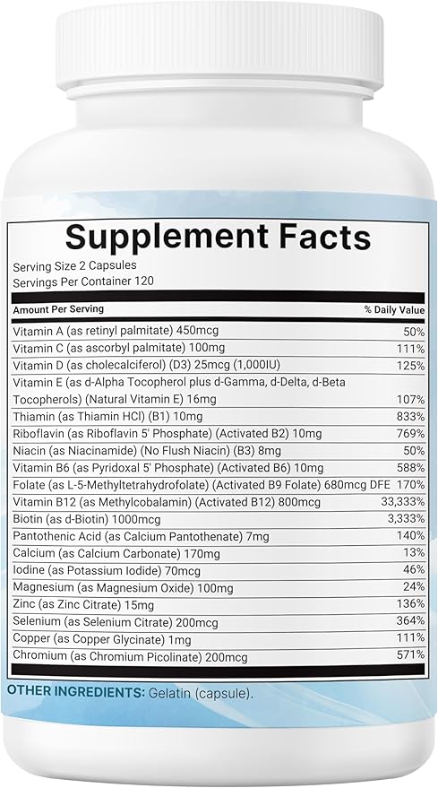 Micro Ingredients 2 Pack Pure Methylated Multivitamin 480 Capsules | 19-in-1 Formula with Vitamins C D B12 Folate Magnesium Zinc &amp More | Supports Daily Wellness &amp Immune Health | Fille