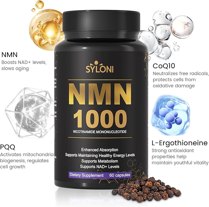 NMN Supplement 1000mg 99% Pure NMN 4-in-1 NAD+ Support with PQQ CoQ10 L-Ergothioneine 60 Capsules Nicotinamide Mononucleotide - Anti-Aging Energy Boost DNA Repair for Adults Vegan
