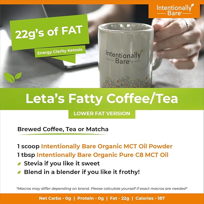 Intentionally Bare MCT Oil Powder - Unflavored Coconut Oil with 70% C8 and 30% C10 - MCT Oil for Clean Energy Brain Health Mood and Focus - Coconut C8 for Keto Paleo and Vegan Pills - 50 Servings