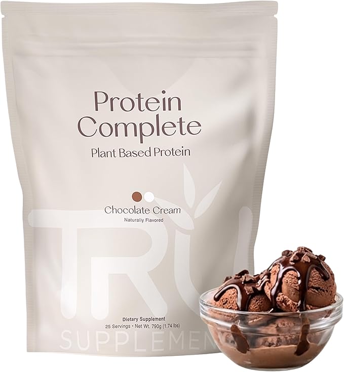 TRU Supplements Plant Based Protein Powder BCAA EAA 20g Vegan Brown Rice &amp Pea Protein 100 Calories 27 Vitamins No Artificial Flavors 25 Servings (Natural Chocolate Cream)