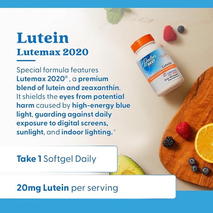 Doctor's Best Lutein Supplement 20mg with Zeaxanthin - Lutein for Eyes Eye Health Vitamins for Men &amp Women Vision and Macular Health Support Lutemax 2020 Marigold Flower Extract - 180 Softgels