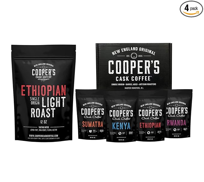 Gourmet Coffee Sampler Gift Box Set (Sumatra Dark Kenya AA Medium-Dark Rwanda Medium Natural Ethiopian Medium-Light) and Ethiopian Bright Light Roast Grade 1 Whole Coffee Bean 12oz Bag