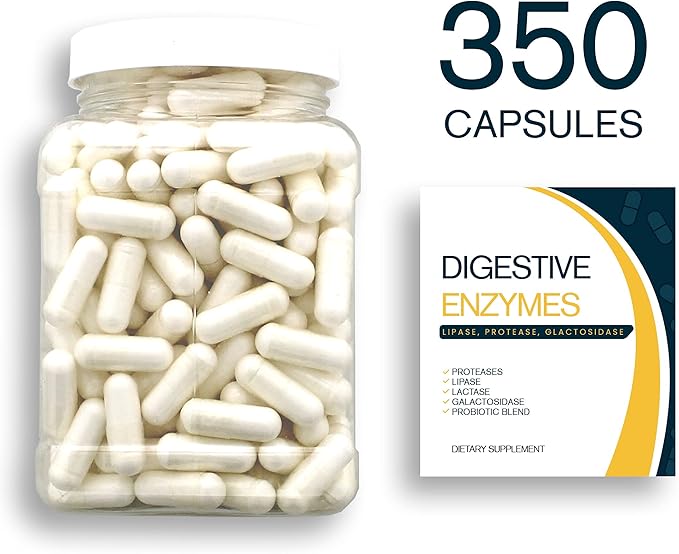 Digestion Aid - 350 Count Blend of Digestive Enzymes and Key Probiotic Strains in a Clear Square Grip Jar