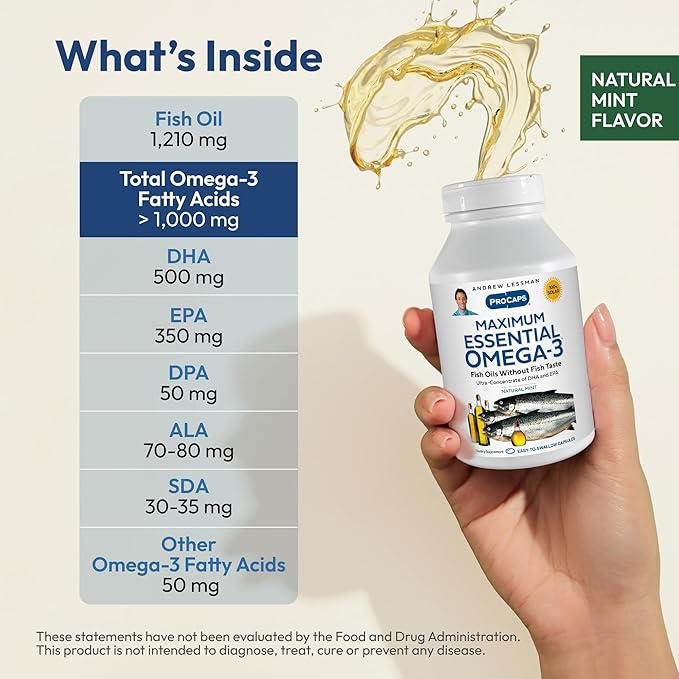 ANDREW LESSMAN Maximum Essential Omega-3 Mint - 180 Softgels - Ultra-Pure High Potency Omega-3 Oils. High DHA No Stomach Upset No Contaminants No Mercury. Small Easy to Swallow Softgels