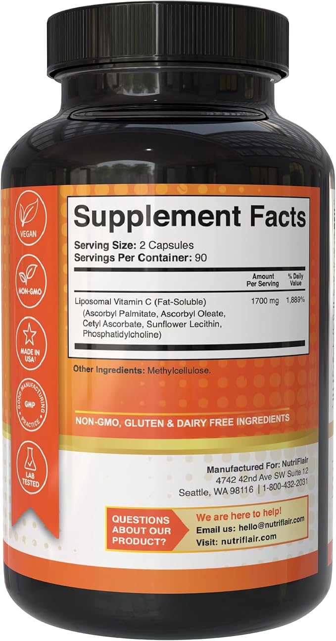 NutriFlair Liposomal Vitamin C 1700mg 180 Capsules - High Absorption Fat Soluble VIT C Higher Bioavailability Immune System Support &amp Collagen Booster Non-GMO Vegan Pills