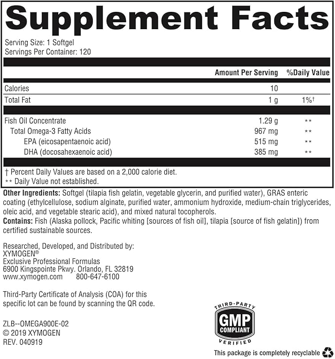 XYMOGEN OmegaPure 900 EC - Cardiovascular &amp Brain Support - IFOS Five-Star Certified Fish Oil - DHA EPA Omega-3 Supplement - Triglyceride Form - 120 Softgels