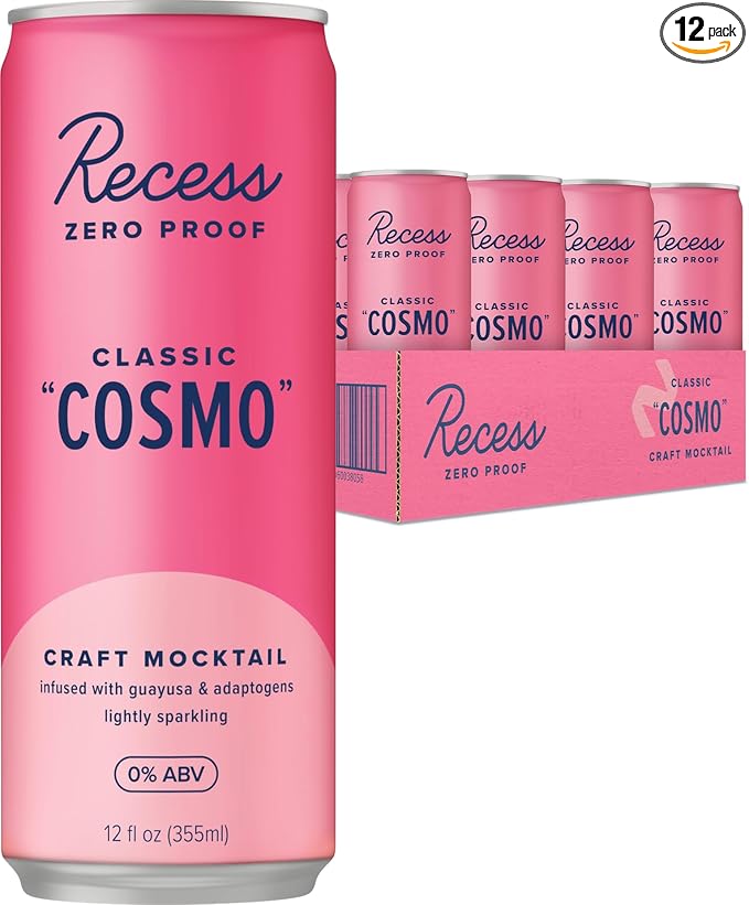 Recess Zero Proof Craft Mocktails Alcohol Free Drinks With Adaptogens Non-Alcoholic Beverage Replacement Mixer Celebration Party (Classic Cosmo 12oz Pack of 12)