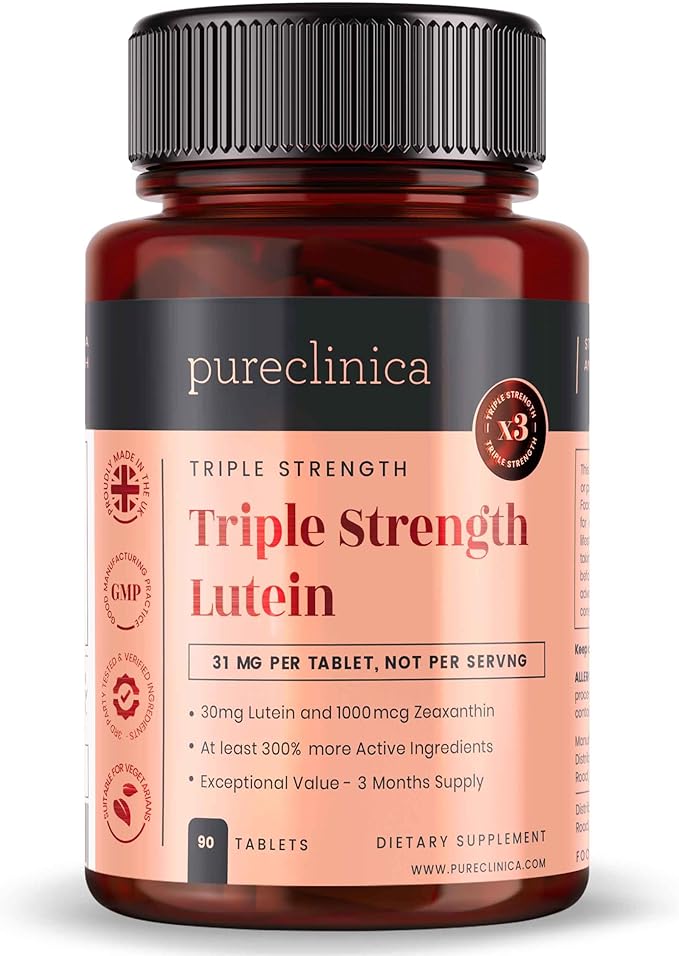 pureclinica Lutein 30mg with Zeaxanthin 1000mcg – Triple Strength Supplement 90 Tablets (3-Month Supply)