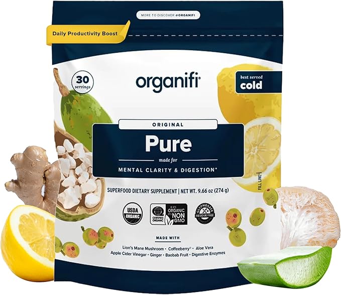 Organifi Pure - Promotes Stimulation in Learning Memory Focus and Clarity - Brain Support with Superfoods - Gluten-Free and Non GMO - Best Served Cold 30 Servings