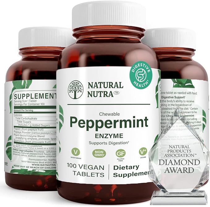 Natural Nutra Chewable Peppermint Digestive Enzyme Supplement Help to Relieve Gas Indigestion and Other Digestive discomforts Stomach Calmness Papaya (Papain) Vegan and Vegetarian 100 Tablets