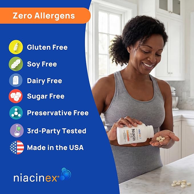 Niacin 500mg Extended Time Release 200 Tablets Minimal to No-Flush Vitamin B3 Supplement - Cholesterol Balance Nicotinic Acid Vegan cGMP made in the USA