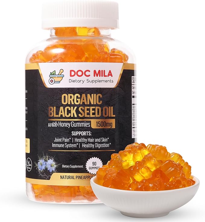 Organic Black Seed Oil Gummies 1500mg - Black Seed Oil Softgels Capsules with Honey Pineapple Flavor - Gluten Free Soy Free &amp Non-GMO