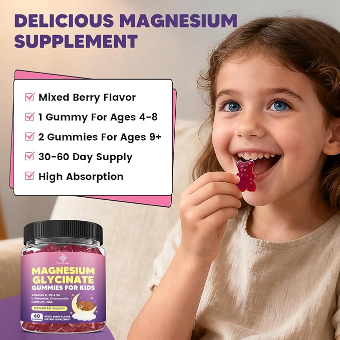 Kids Magnesium Gummies Magnesium Glycinate Gummies 400mg/200mg with L-Theanine Chamomile Vitamin B6 D3 for Kids Relaxation &amp Zzz Support Nerve Bone - Sugar Free Mixed Berry Flavor 60ct
