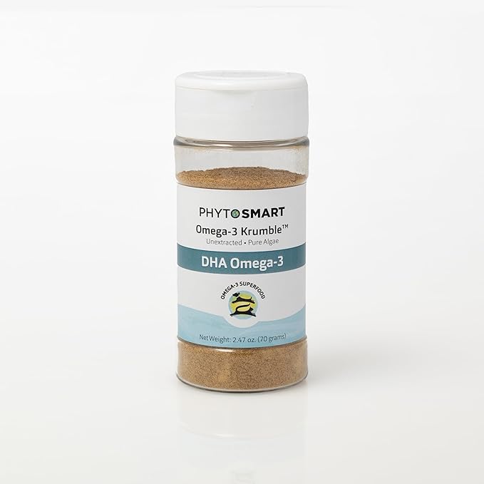 Omega-3 Krumble DHA for Pets in 70 Gram Shaker Top Jar. Pure Un-extracted Marine Micro-Algae Providing Pets Complete Whole Food derived Essential Fatty Acids for Total Body Support.