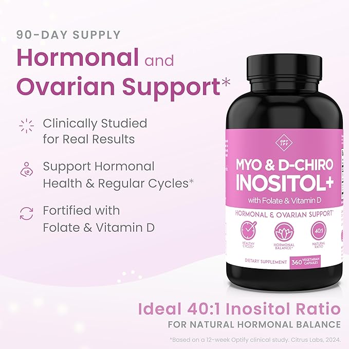 Optify Inositol Supplement for Women – 90-Day Supply – Myo-Inositol and D-Chiro Inositol with Folate and Vitamin D – 40:1 Ratio – Hormone Balance &amp Ovarian Support - 360 Capsules