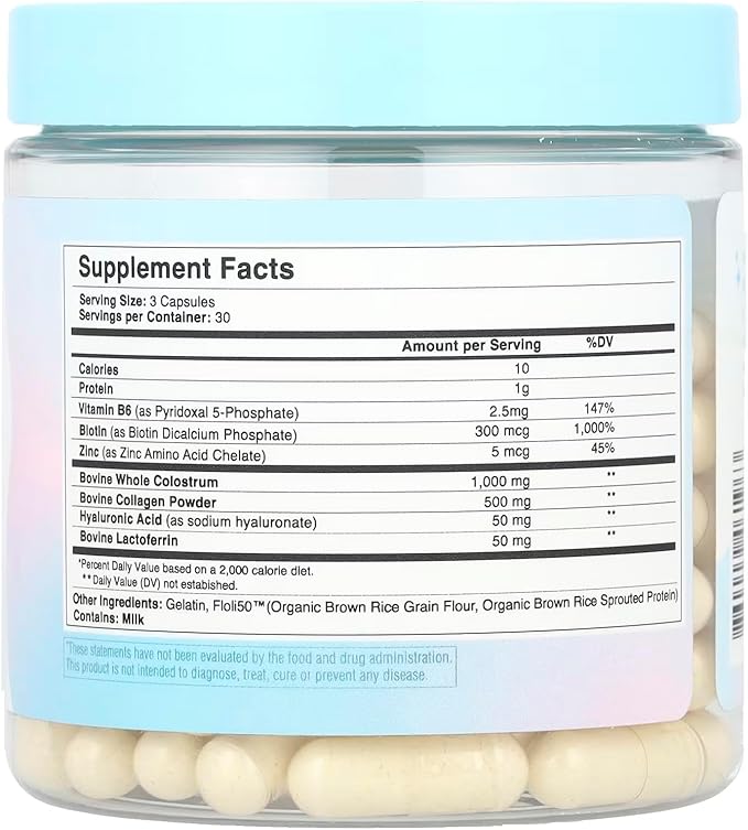 WONDERCOW Hair Skin and Nails Vitamins w/Bovine Colostrum Collagen Hyaluronic Acid Biotin Zinc &amp Lactoferrin┃Supports Faster Hair Growth Stronger Nails and Glowing Skin (30 Servings Capsule